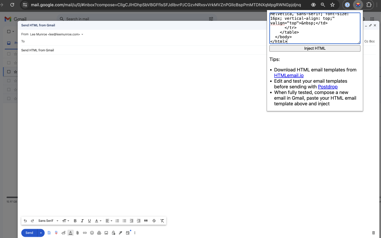 Send HTML in Gmail Extension